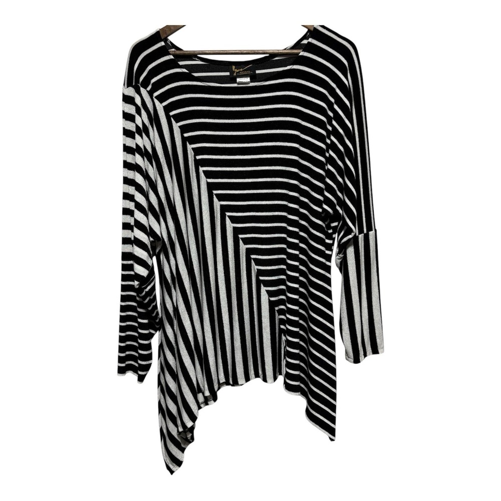 Yon Designs Tunic Womens L XL Black White Stripe Asymmetrical Artsy Slinky Knit